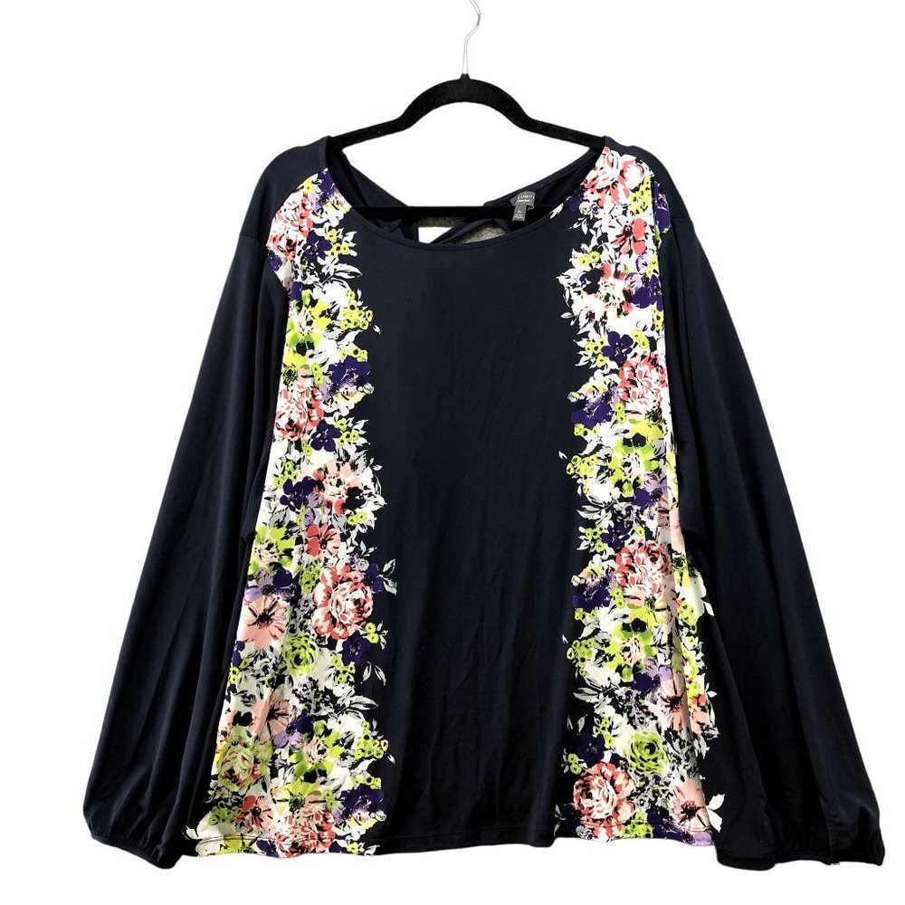 The Limited Long Sleeve Top Womens 3X Black Floral Jersey Knit Tie Blue Blouse